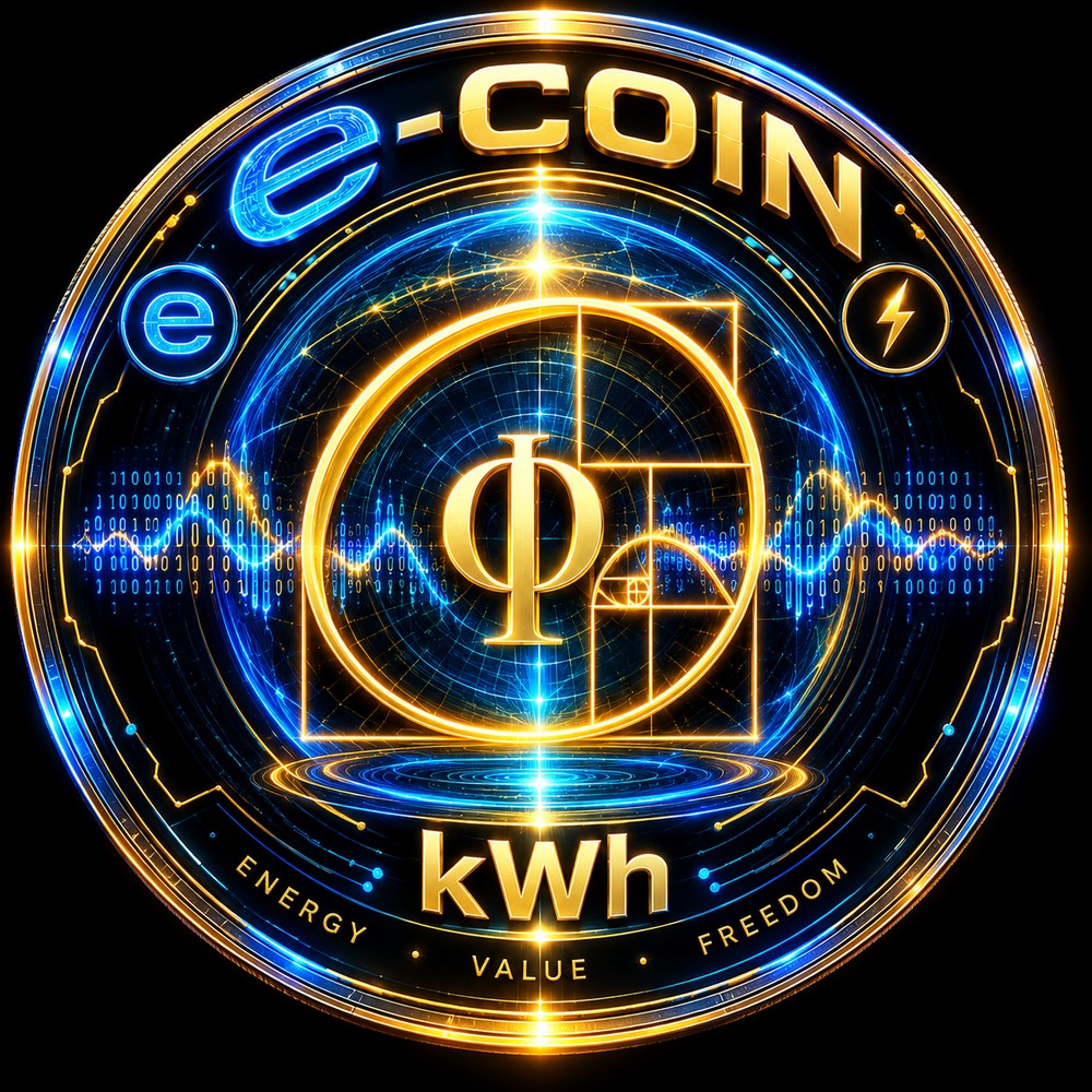 THE E COIN &mdash; the official logo: the golden phi over the golden-ratio spiral, the meter's waveform, e-COIN, kWh, ENERGY VALUE FREEDOM