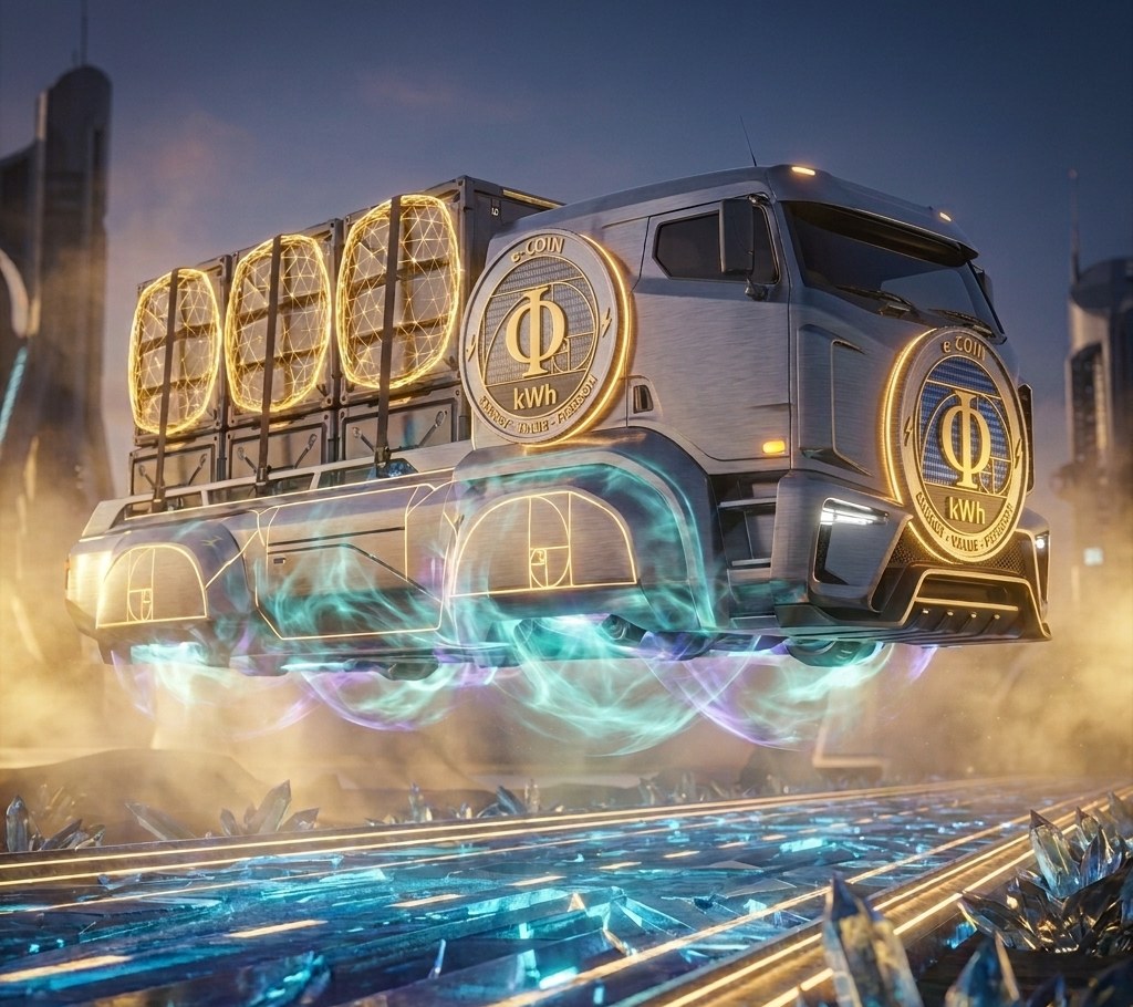 The FTL cargo truck hovering above a crystal field, phi-harmonic coils glowing gold on the cargo pods, the E coin on the cab