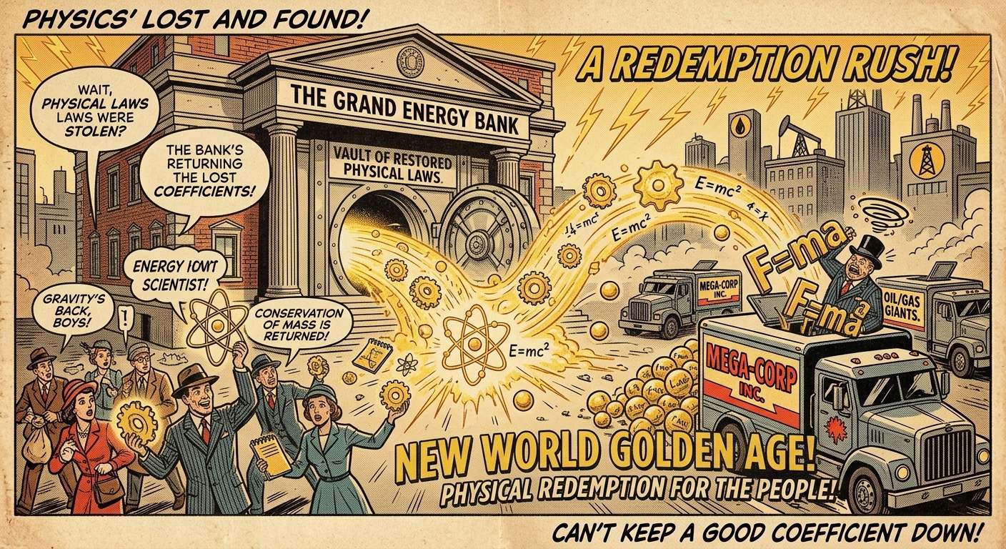 The vault of restored physical laws pouring golden light &mdash; Physical Redemption for the People